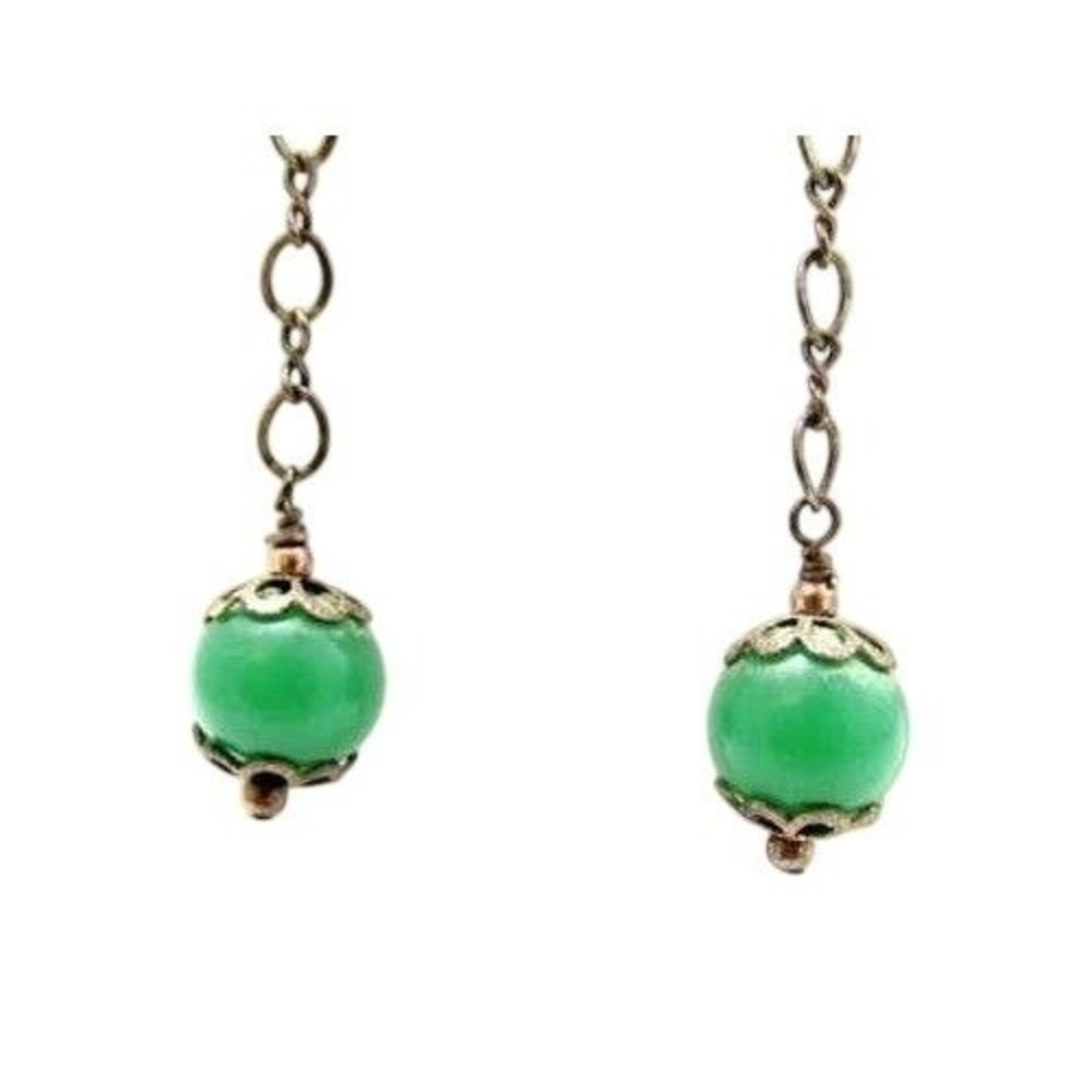 Vintage Elegant Long Sterling Silver Dangle Green Glass Filigree Earrings‎